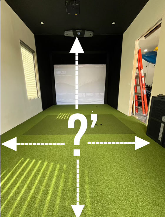 Interior view of a Golf2U indoor golf simulator installation with white arrows and a question mark overlay illustrating the required height, width, and depth dimensions.