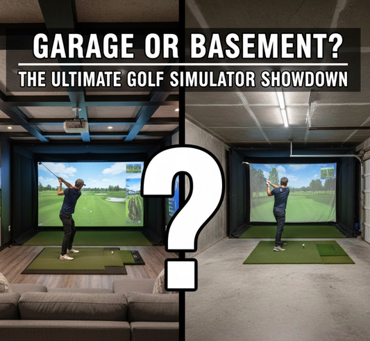 Professional indoor golf simulator installed in a finished basement by Golf2U showing proper clearance and turf.