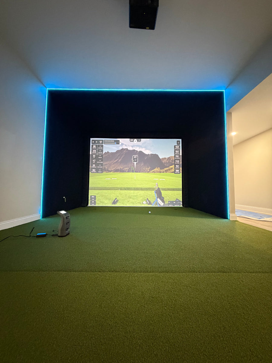 Golf simulator bay installed by Golf2U with LED trim and impact screen